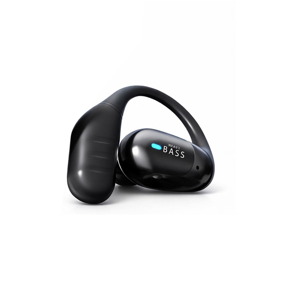 Auriculares negros con banda y texto "HEAVY BASS".