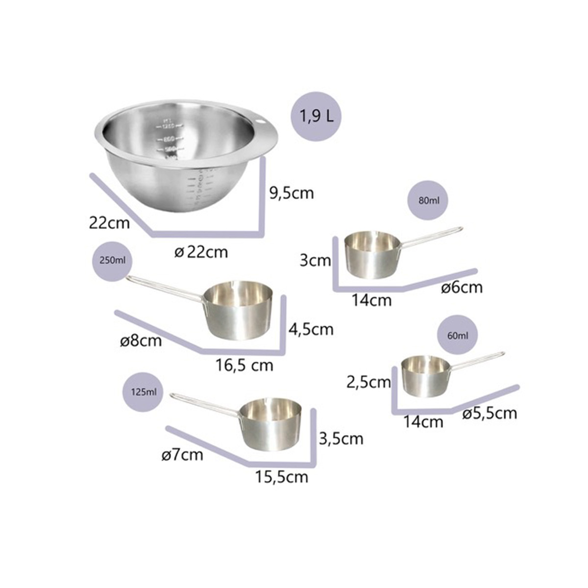 Un bol de acero inoxidable con marcas de medición y cuatro tazas medidoras con asas.