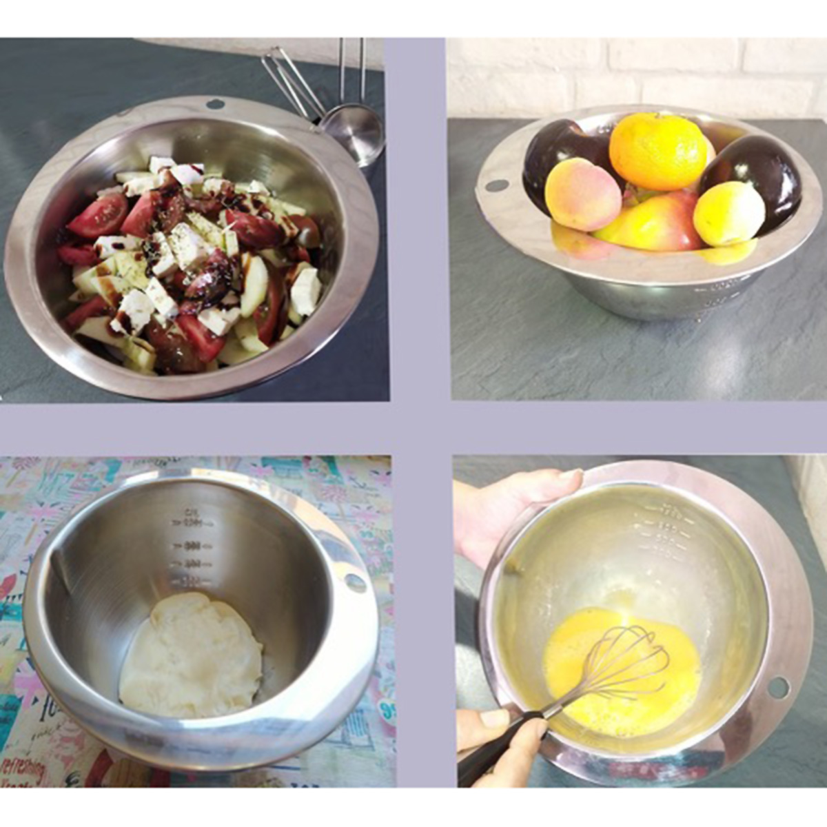Cuatro cuencos con ingredientes: ensalada, fruta, masa y huevos para batir.
