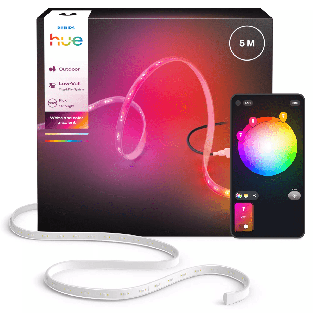 Tira de luz Philips Hue 5M para exterior con degradado de color y control de app.