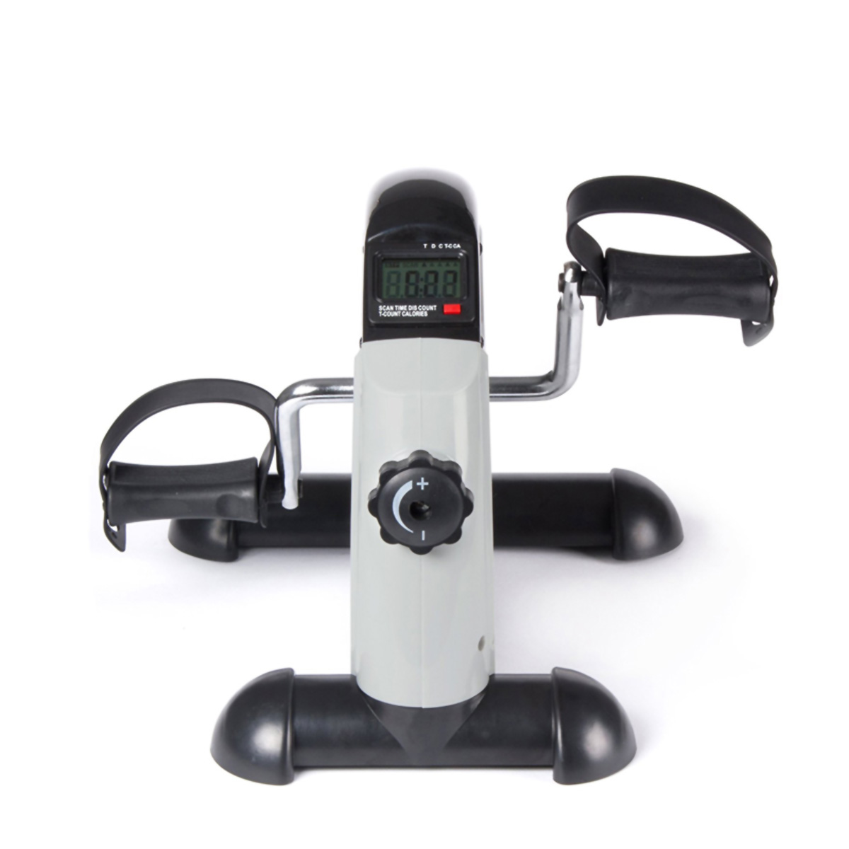 Una bicicleta estática compacta con pantalla digital, pedales y mando de resistencia.