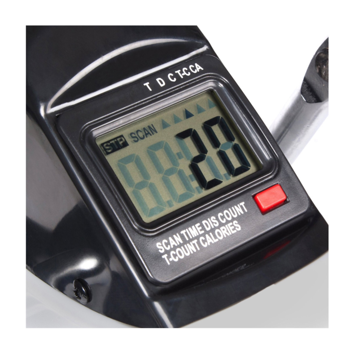 Pantalla digital de bicicleta estática mostrando 8.8:20, SCAN y T-COUNT CALORIES.