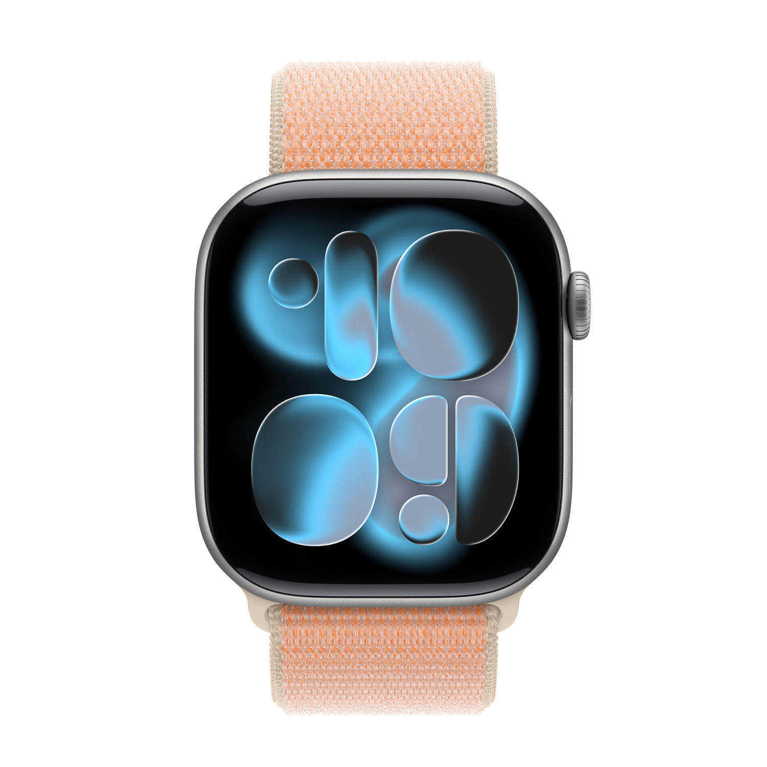 Uno smartwatch argentato con cinturino in tessuto arancione e quadrante blu.