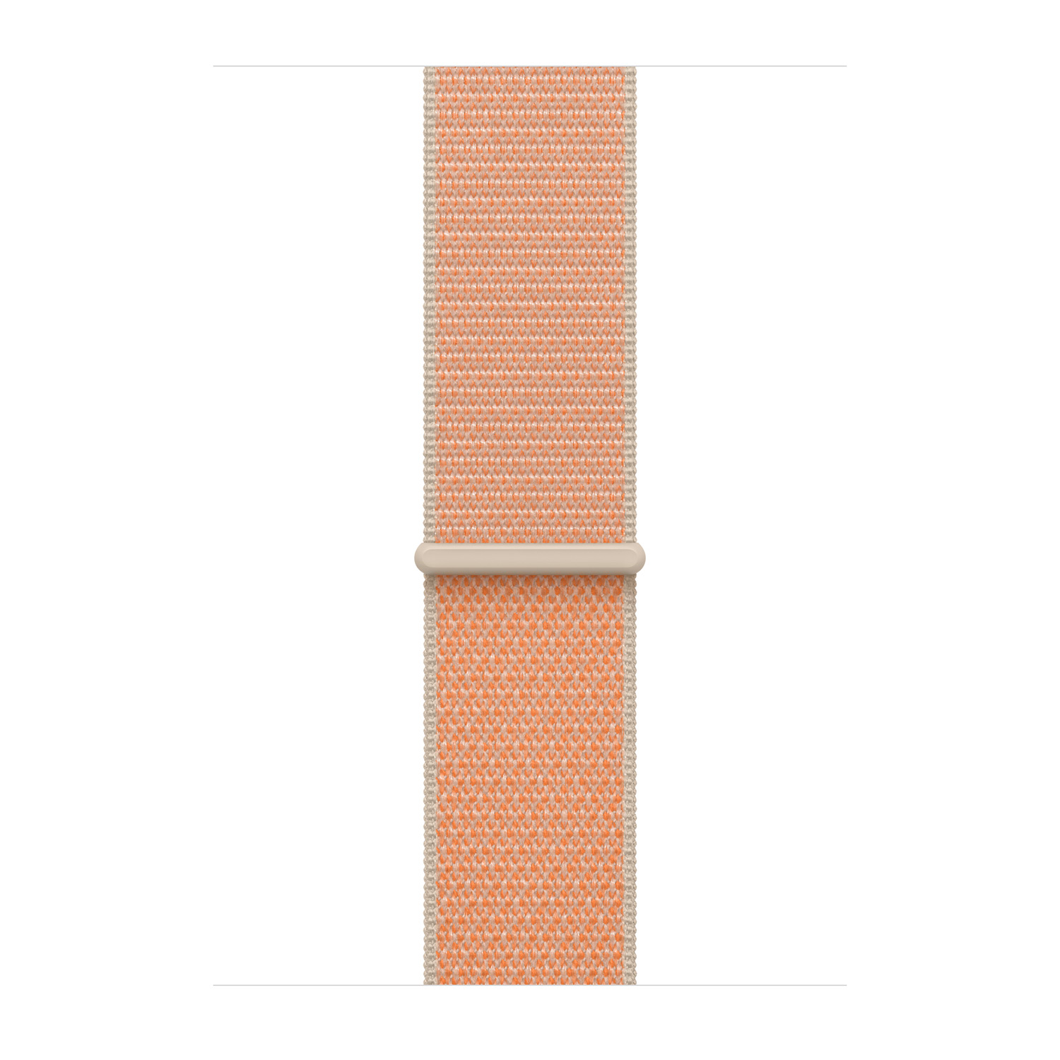 Un cinturino sportivo intrecciato arancione con un passante beige, su sfondo bianco.