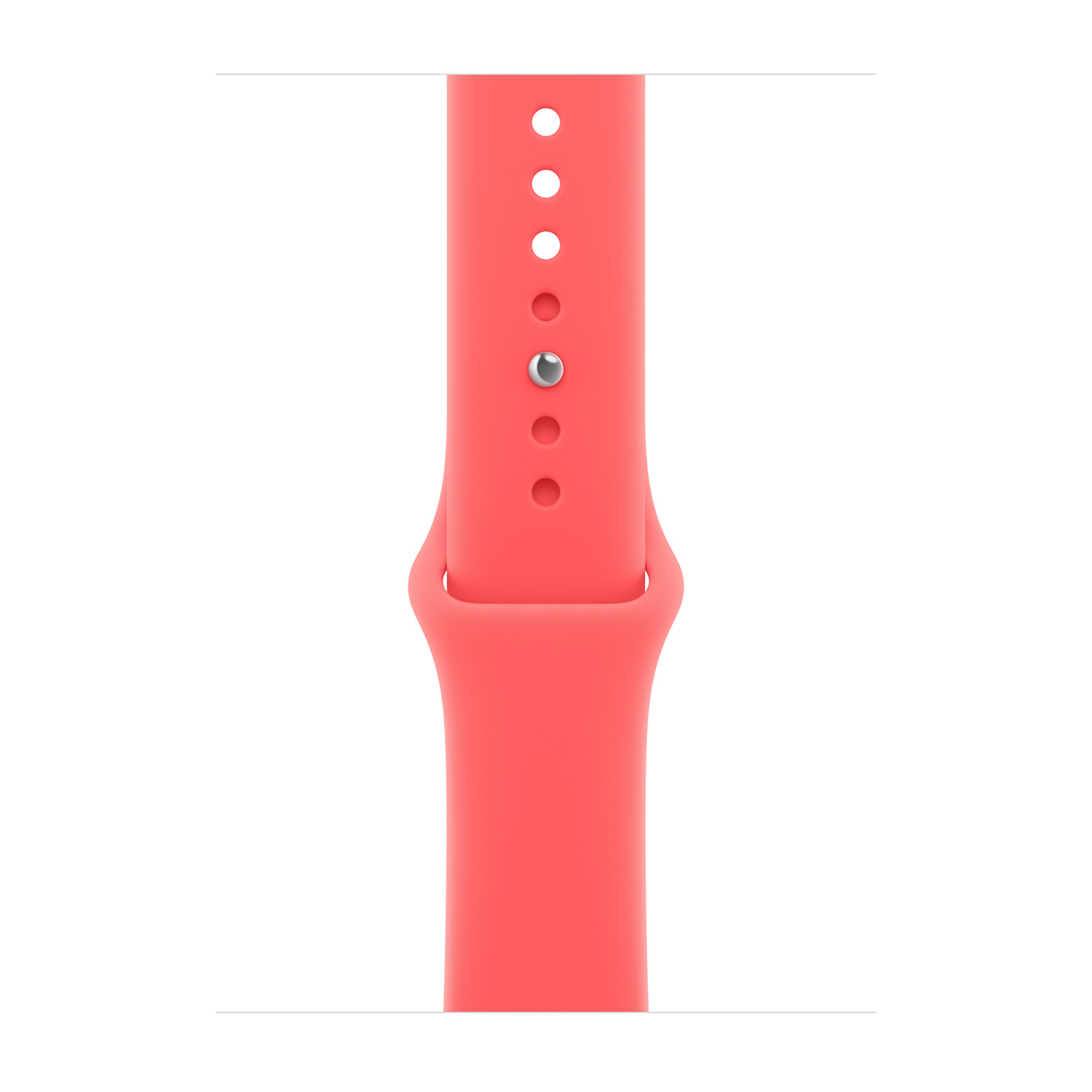 Ein korallenrosa Silikon-Uhrenarmband mit Löchern und einem Metallstift.
