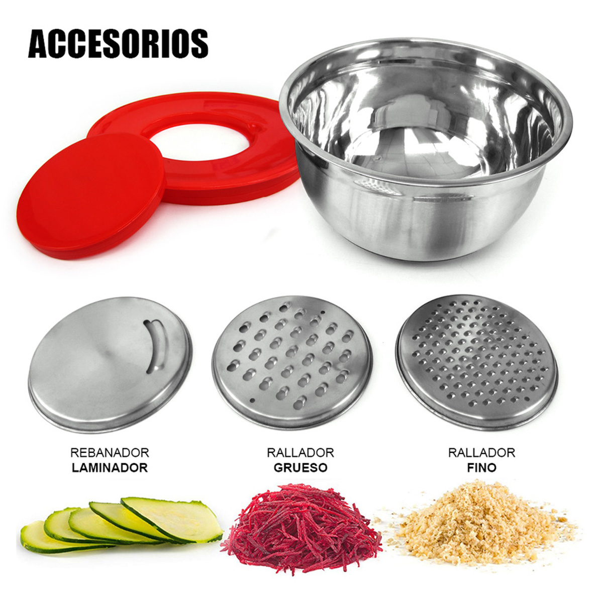 Bol de acero inoxidable con tapa roja, ralladores y ingredientes rallados.