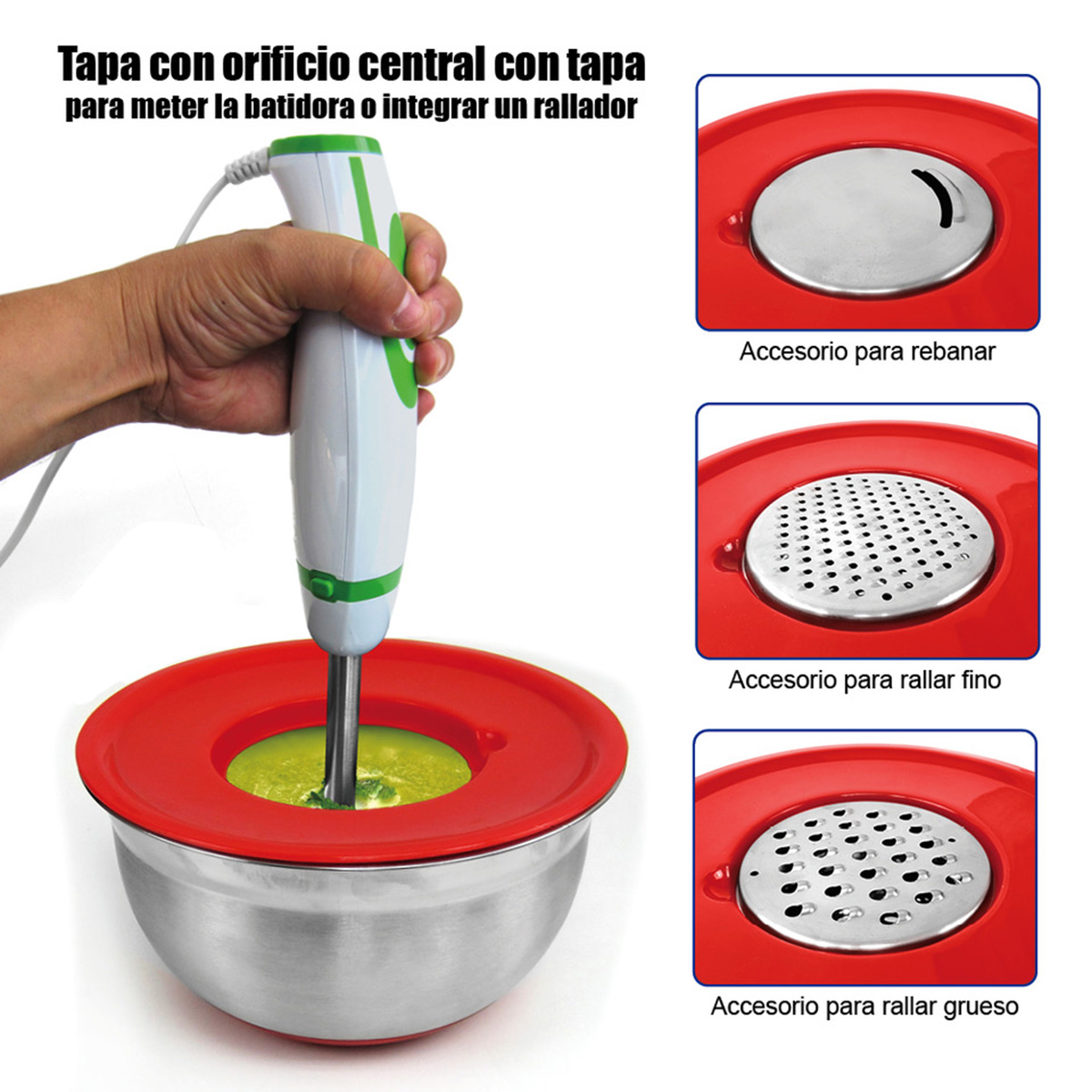Batidora de mano con accesorios en bol con tapa roja, con orificios.