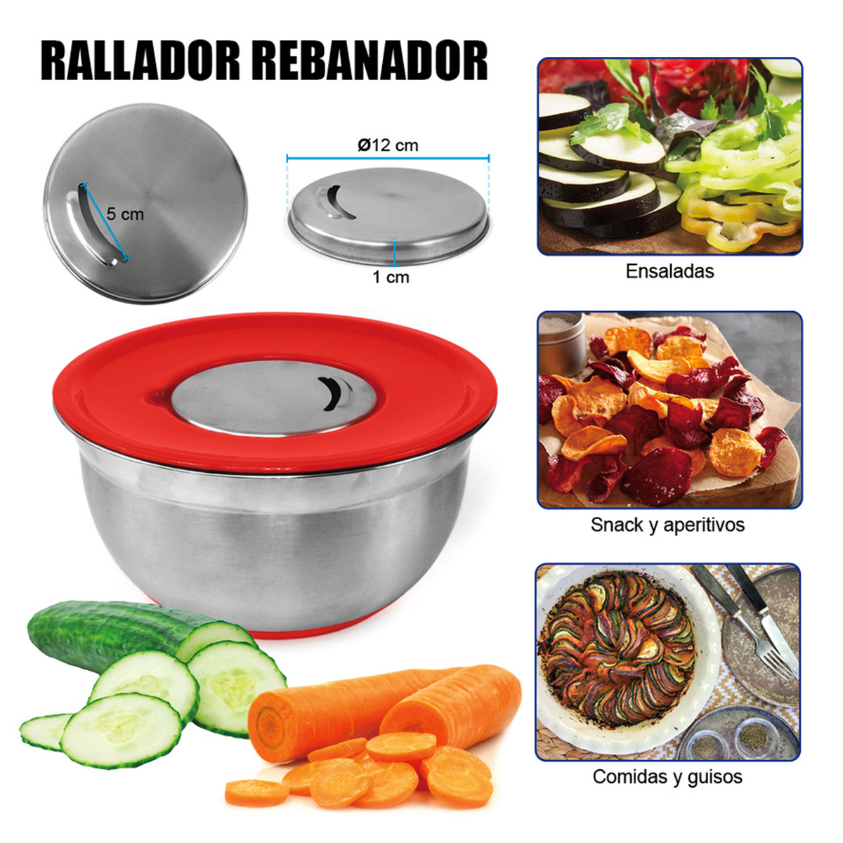 Cortador con bol, zanahorias y pepinos. Muestra ensaladas, bocadillos y guisos.