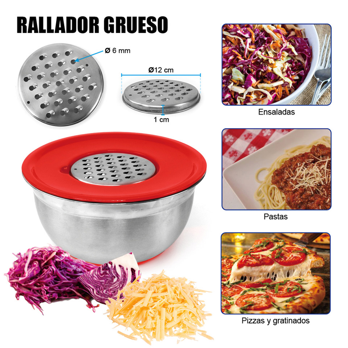 Rallador con bol, ensalada, pasta y pizza.