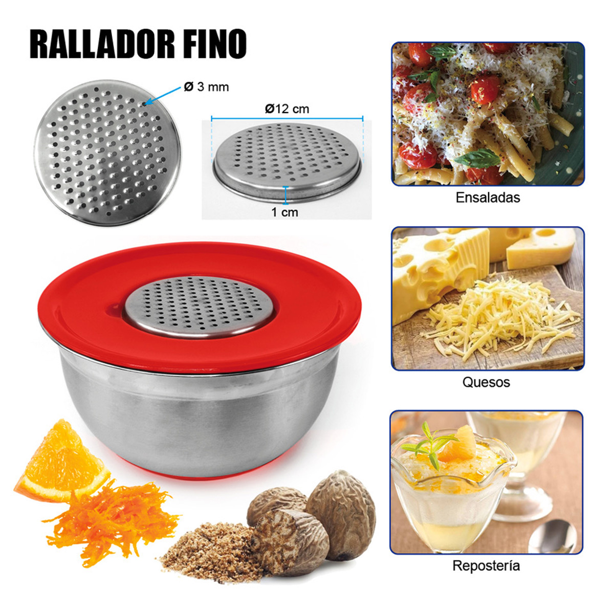 Rallador fino con bol de acero inoxidable y tapa roja, junto a naranja, nueces y queso.