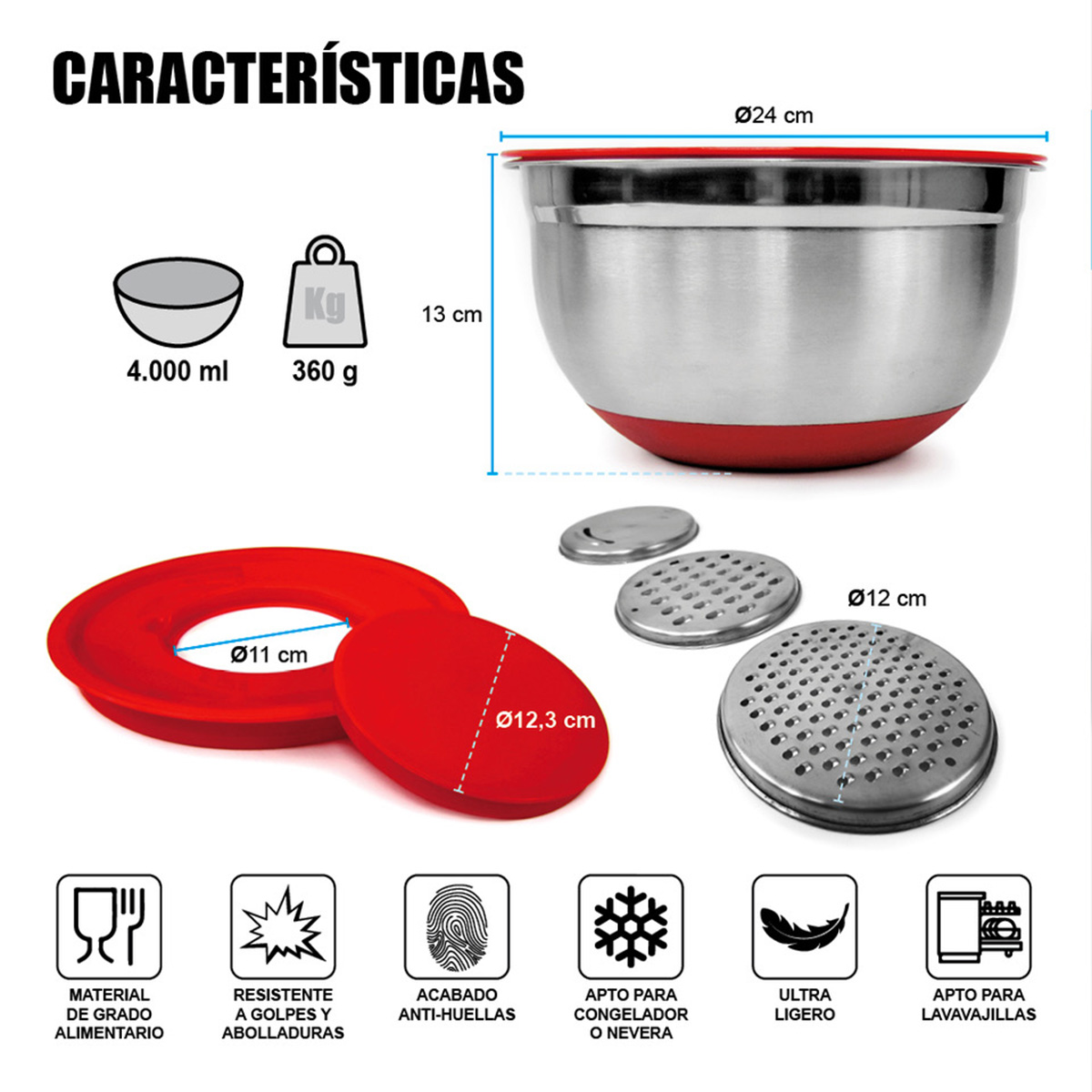 Bol de acero inoxidable con base roja y tapa, 3 ralladores, medidas e iconos.
