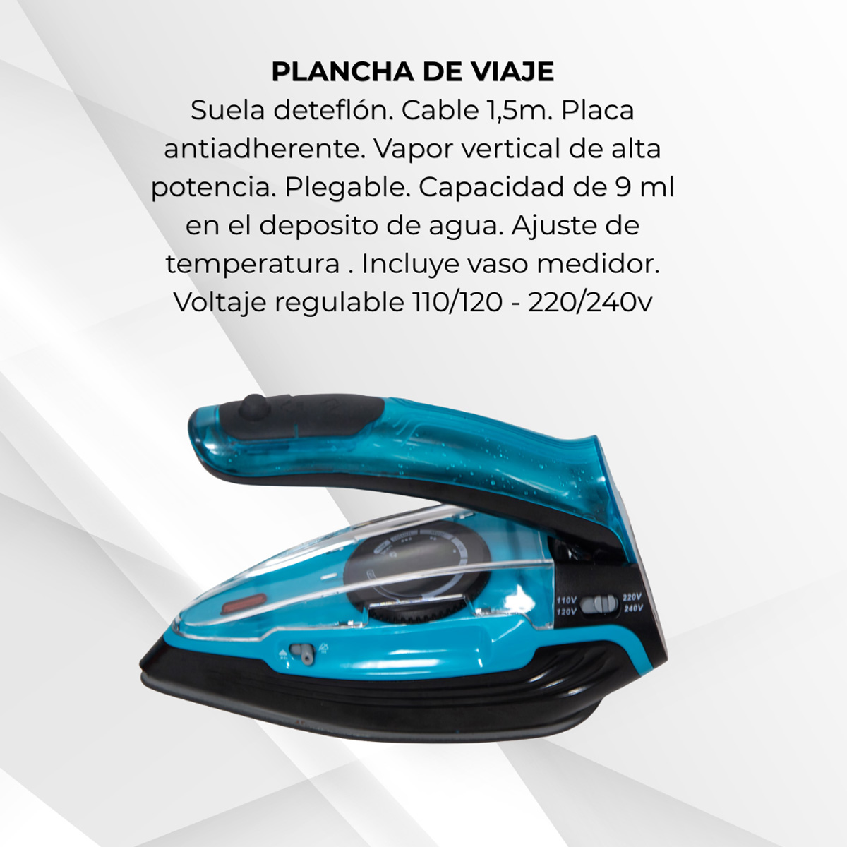 Una plancha de vapor de viaje azul con mango y depósito de agua transparentes.
