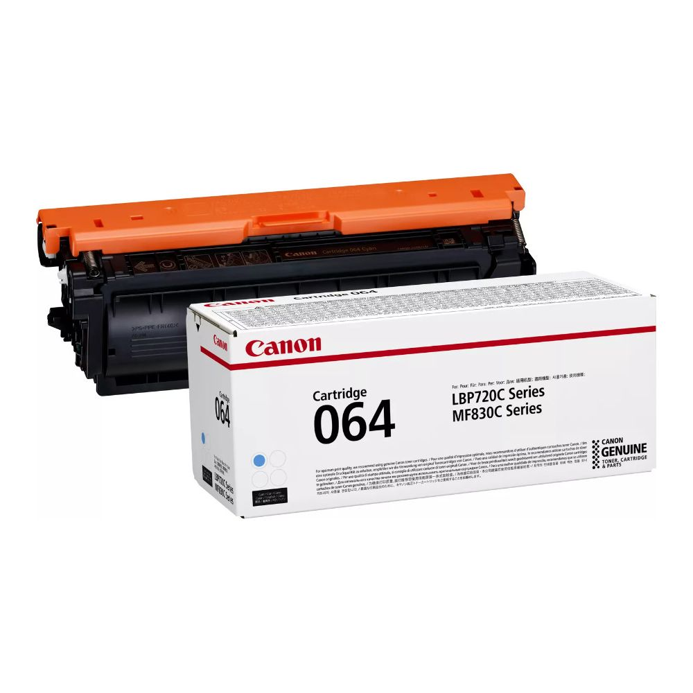 Pomarańczowy toner Canon 064 i białe pudełko z logo Canon.