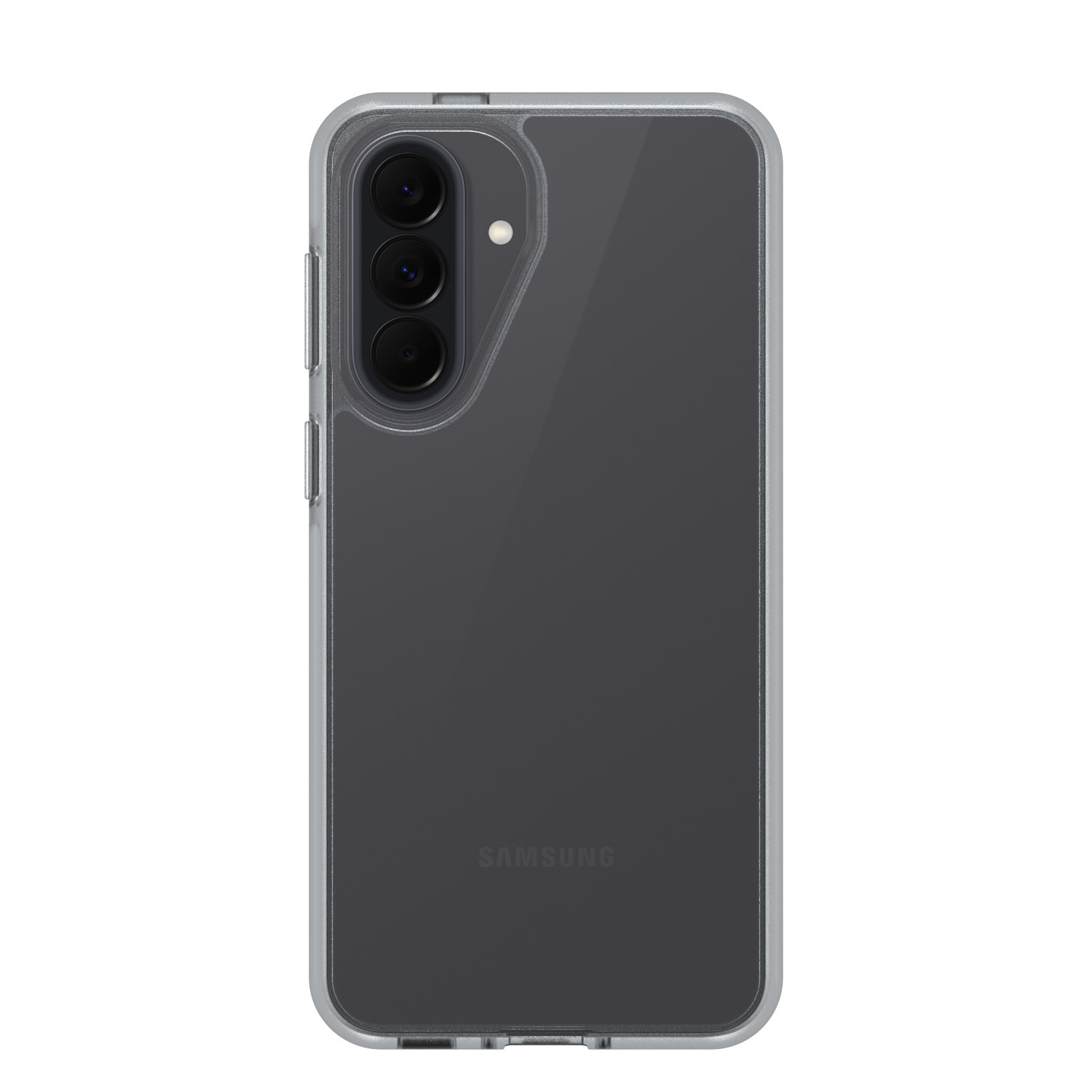 Doorzichtige telefoonhoes met grijze achterkant en drie cameralenzen bovenaan.