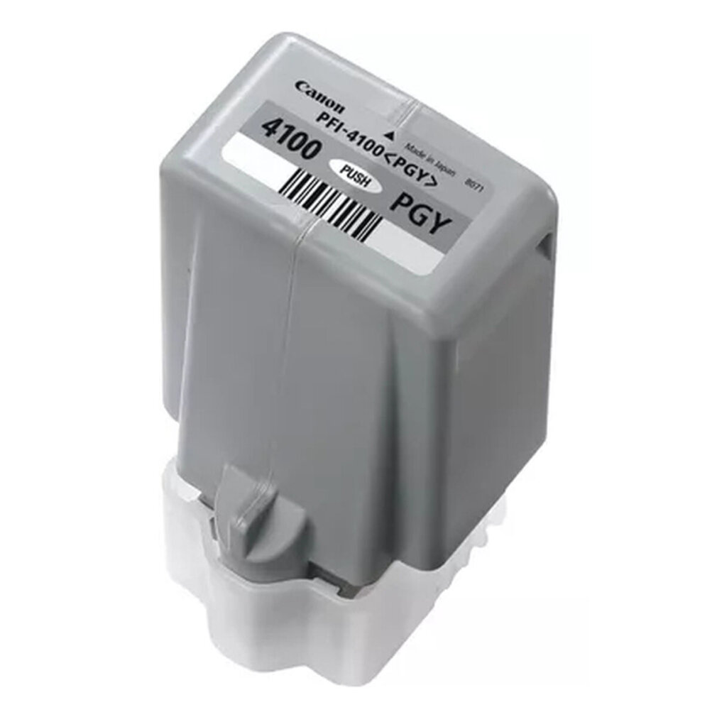 Szara kaseta z tuszem Canon PGI-4100 PGY, Made in Japan, z kodem kreskowym.