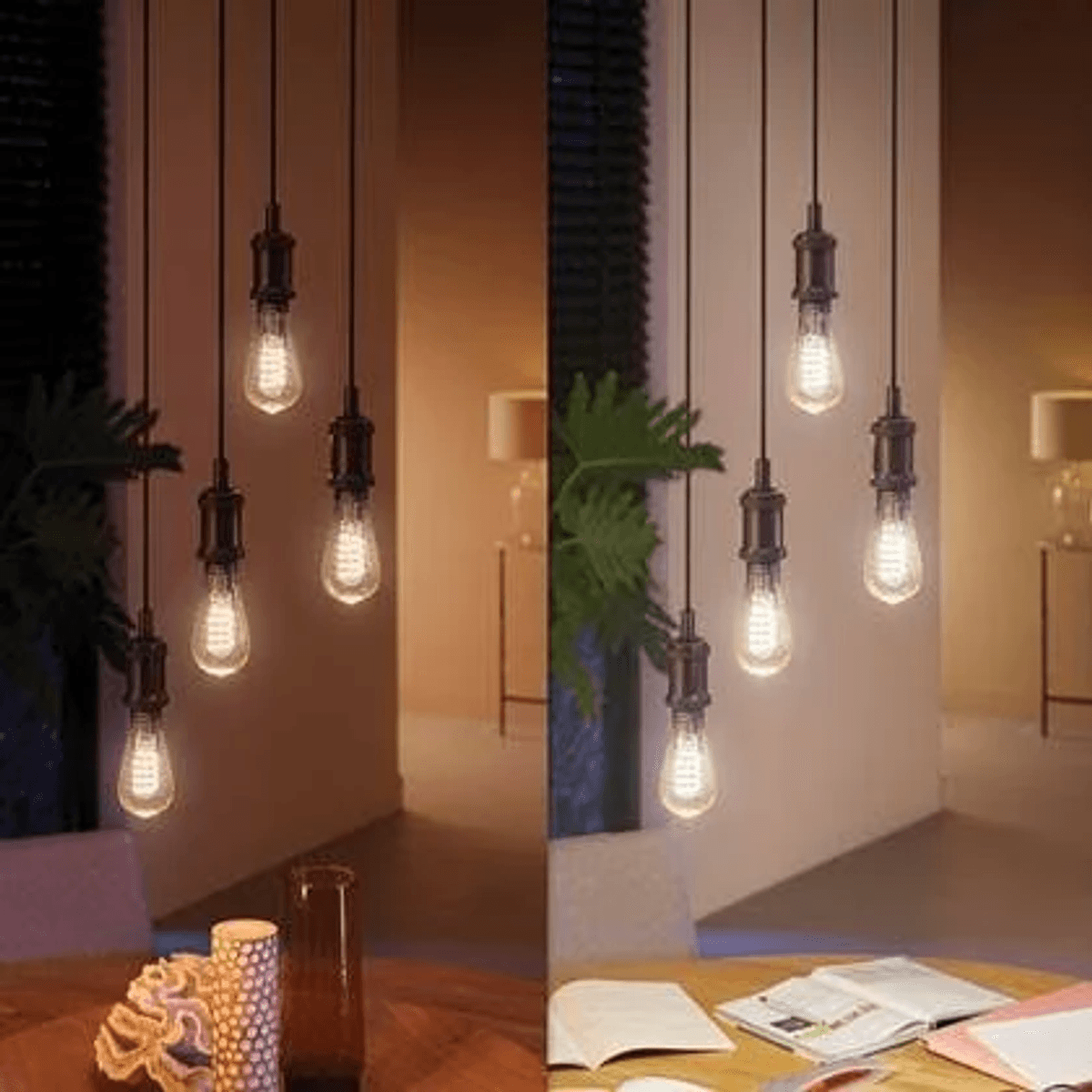 Moderne Pendelleuchten mit freiliegenden Glühbirnen hängen über einem Tisch mit Deko.