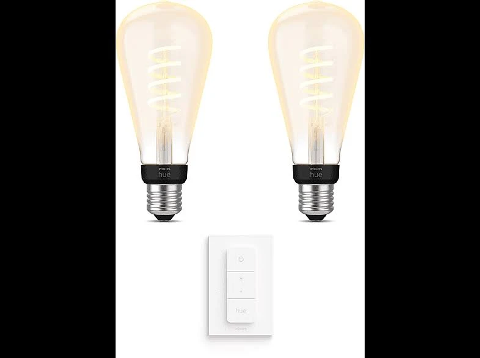 Zwei Philips Hue Edison-Lampen mit einem weißen Schalter im Zentrum.