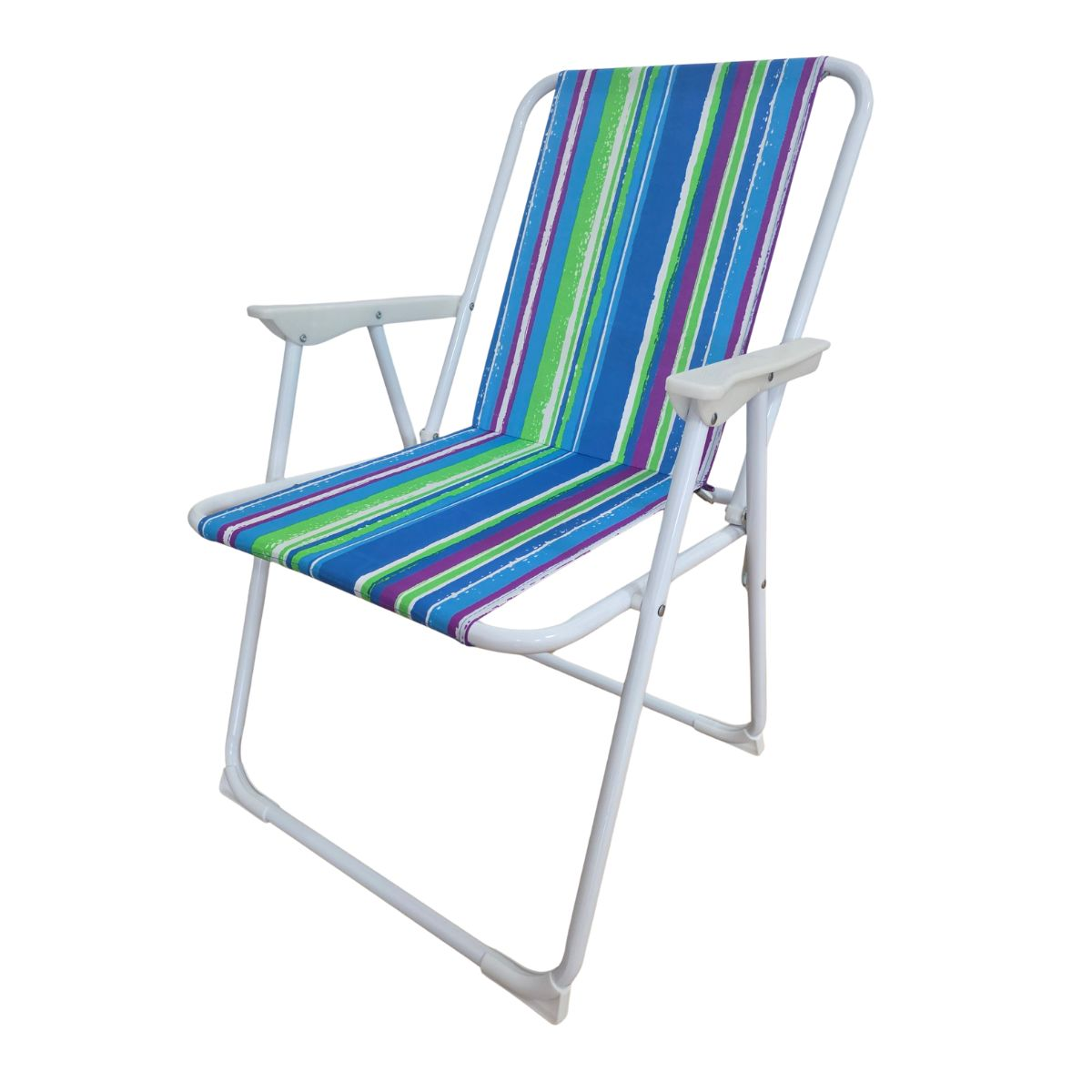 Una silla plegable blanca con rayas coloridas en azul, verde y morado.
