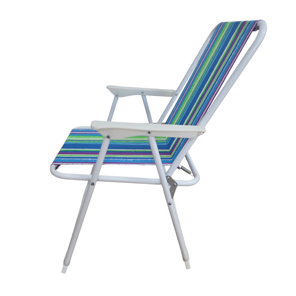 Una silla plegable blanca con rayas coloridas azules, verdes y moradas.