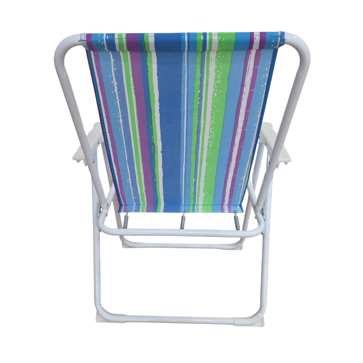 Una silla de playa a rayas con tela azul, morada y verde y marco de metal blanco.
