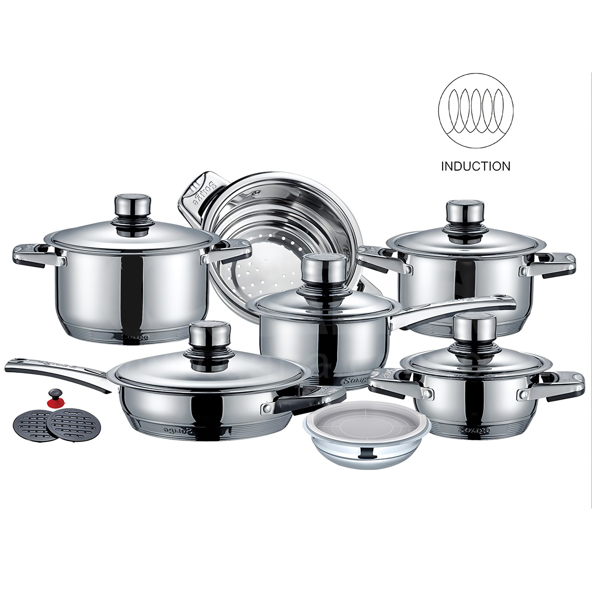 Set de utensilios de cocina brillantes de acero inoxidable, con tapas y colador.