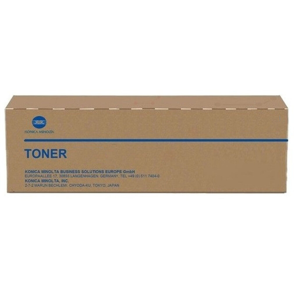 Boîte de toner Konica Minolta marron avec une ligne bleue et les détails de l'entreprise.