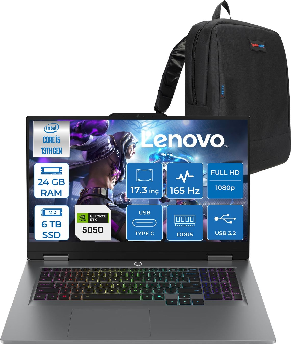 Siyah sırt çantalı gri Lenovo dizüstü bilgisayar. Özellikler: Intel Core i5, 24 GB RAM, 6 TB SSD.