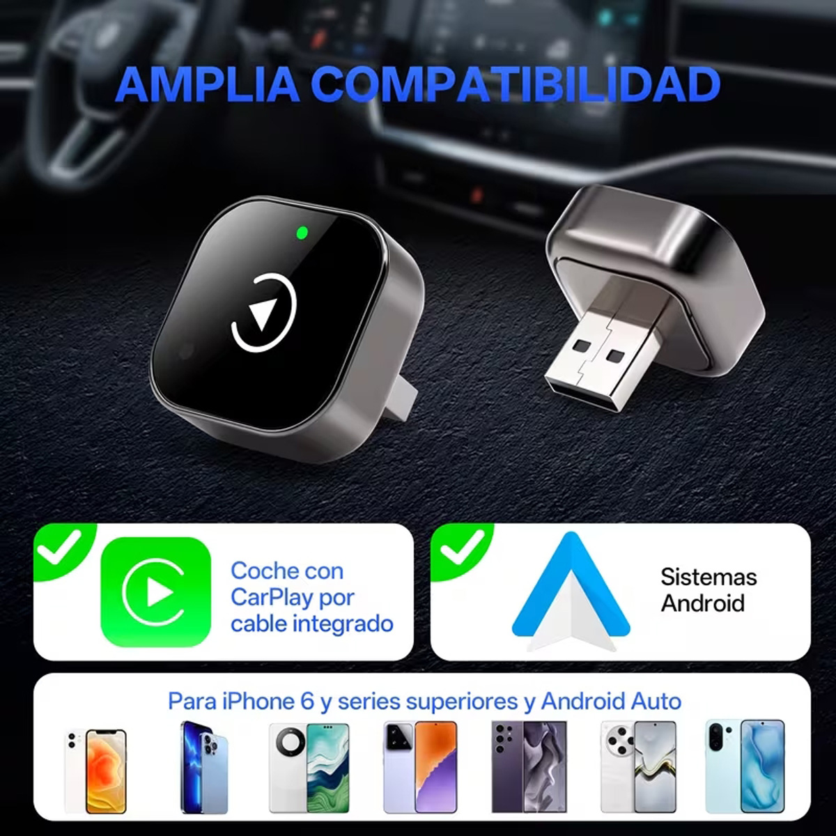 Adaptador de coche con conector USB para compatibilidad CarPlay y Android.