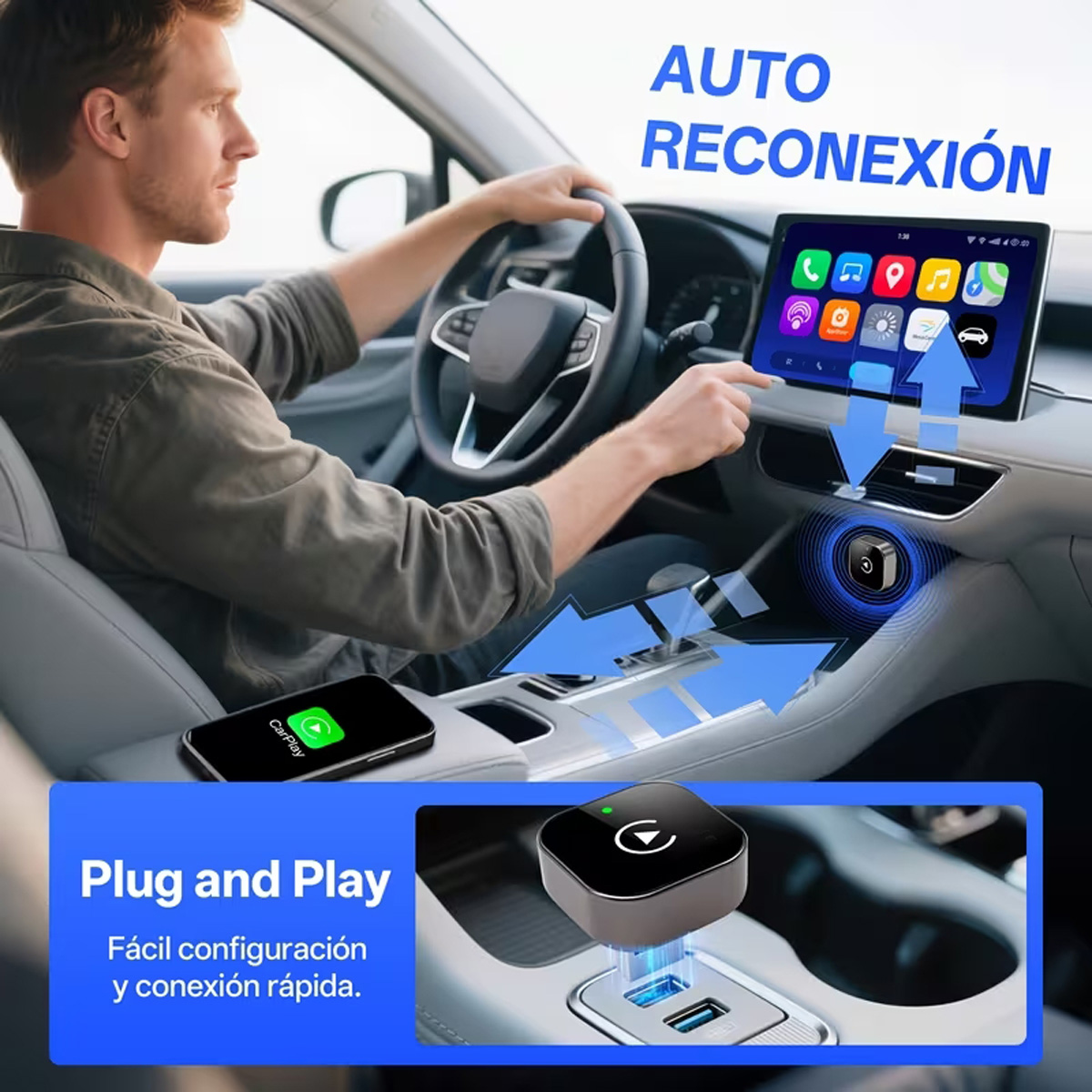 Hombre conduciendo coche, teléfono muestra CarPlay, pantalla muestra apps, adaptador en consola.