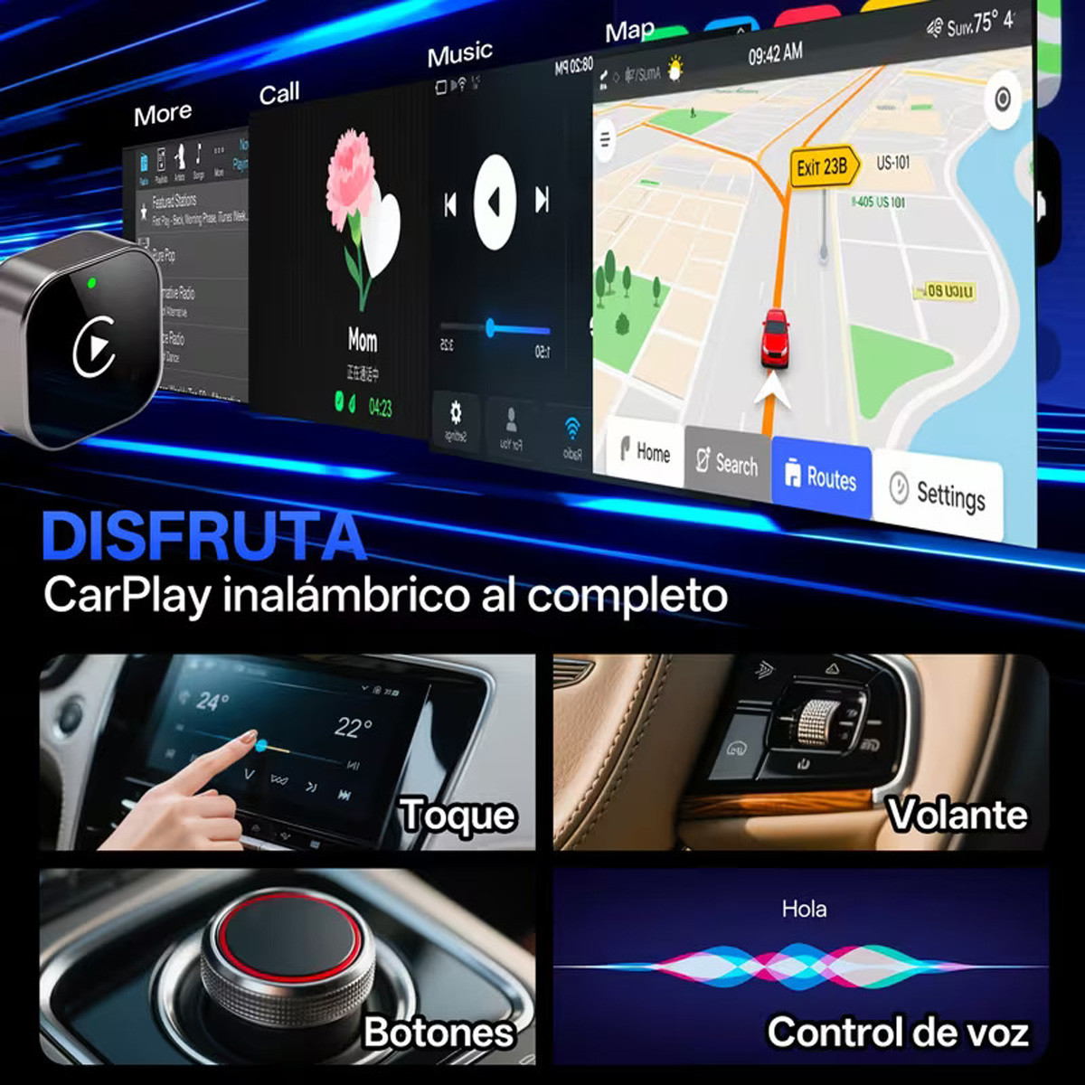 Sistema de infoentretenimiento para automóvil mostrando mapas, música, llamadas y más.