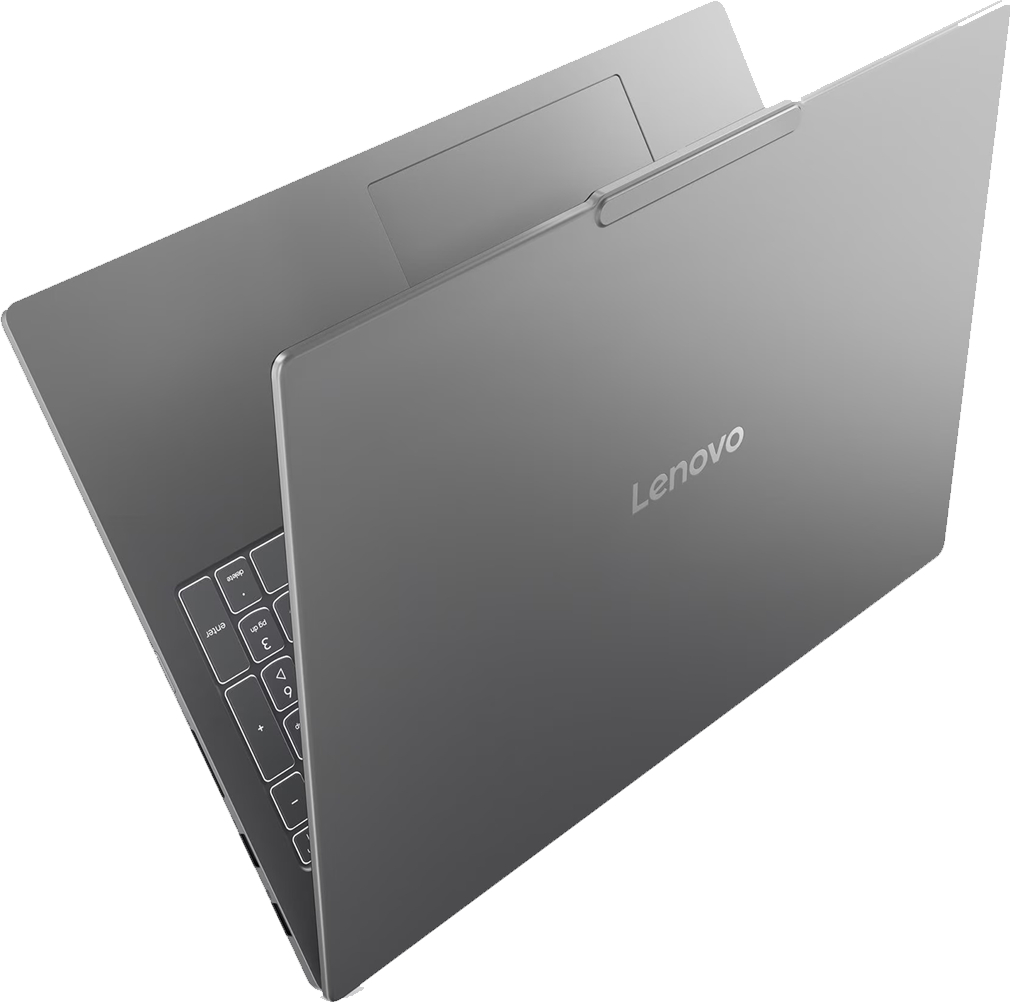 Gri Lenovo dizüstü bilgisayar, klavyeyi gösteren açık kapakla yüksek bir açıdan gösteriliyor.