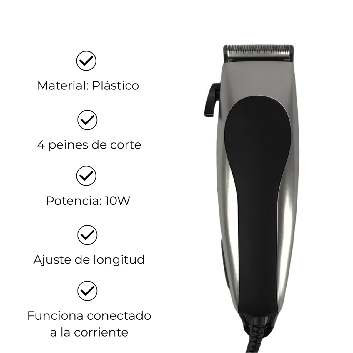 Una cortapelos eléctrica plateada y negra con controles y cable.