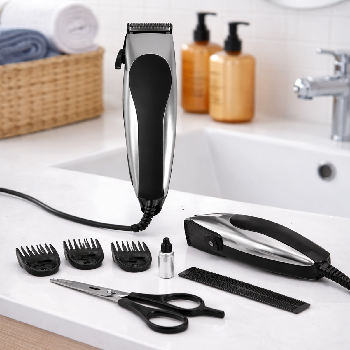 Cortapelos y accesorios sobre un mostrador de baño.