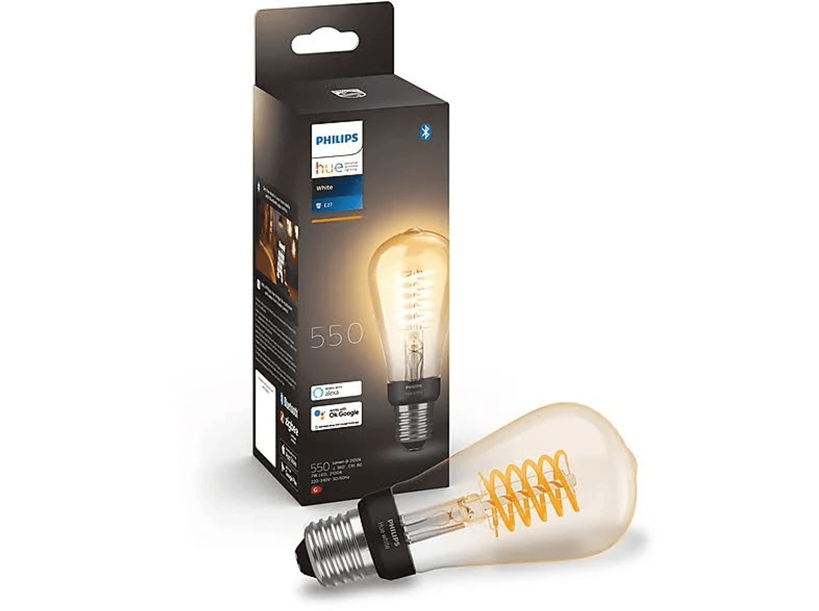 Eine Philips Hue Glühbirne und ihre Verpackung auf weißem Hintergrund.