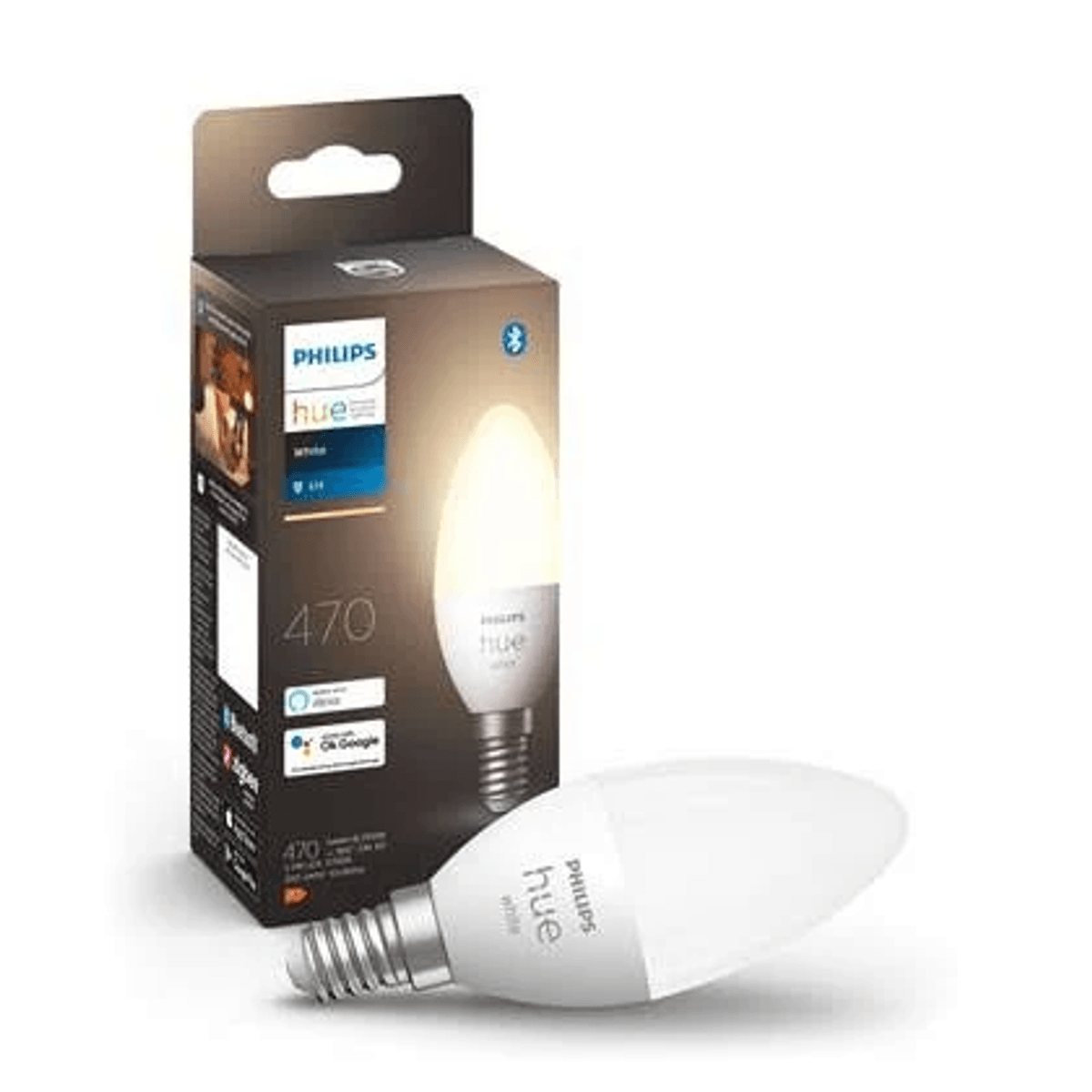 Philips Hue Kerzenbirne mit Verpackung, weiße LED-Lampe.