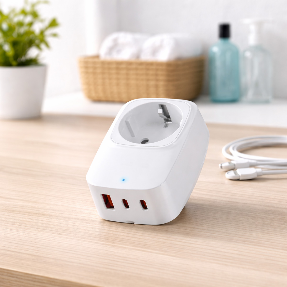 Un adaptador de viaje blanco con tres puertos USB y un enchufe en una mesa de madera.