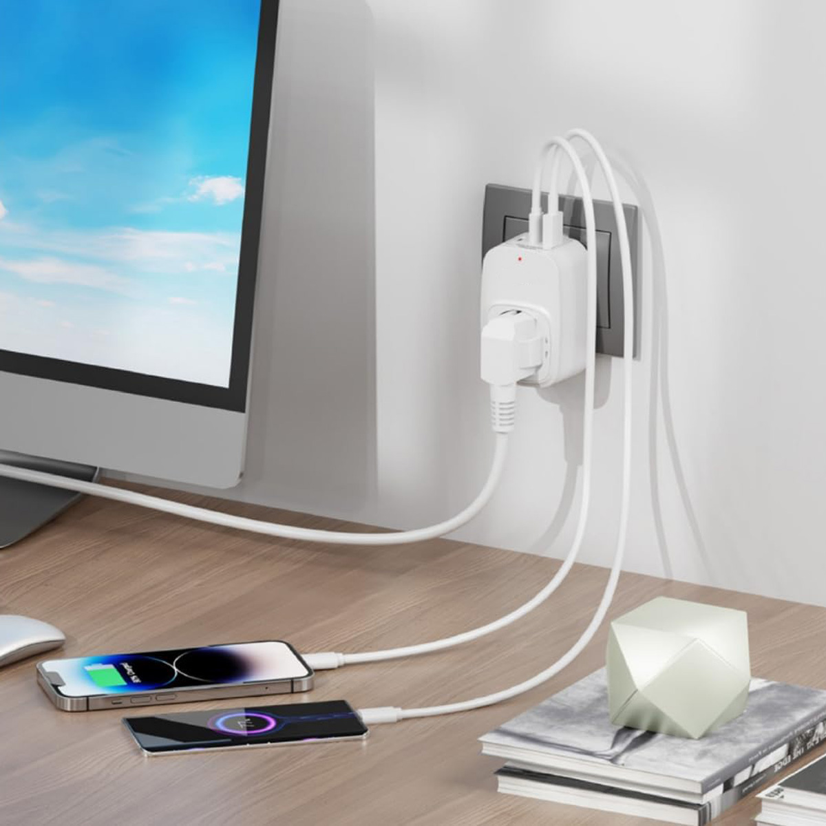 Un adaptador de corriente blanco carga dos teléfonos en un escritorio de madera junto a un monitor.