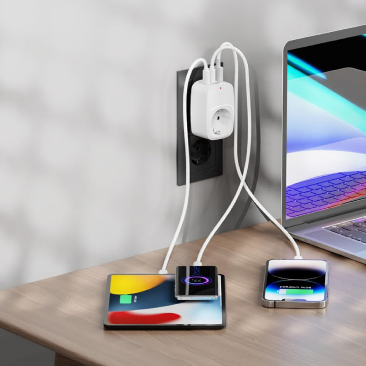 Un adaptador de viaje blanco enchufado a un enchufe de pared, cargando una tableta, smartphone y portátil.