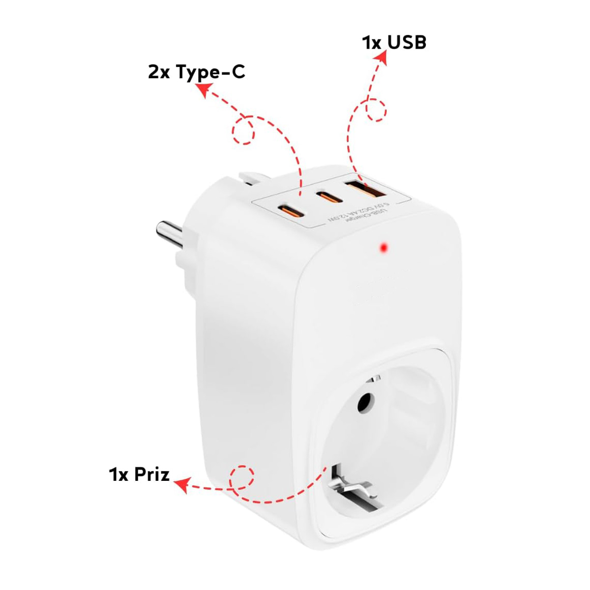 Adaptador de viaje blanco con 2x USB-C, 1x USB-A y una toma.