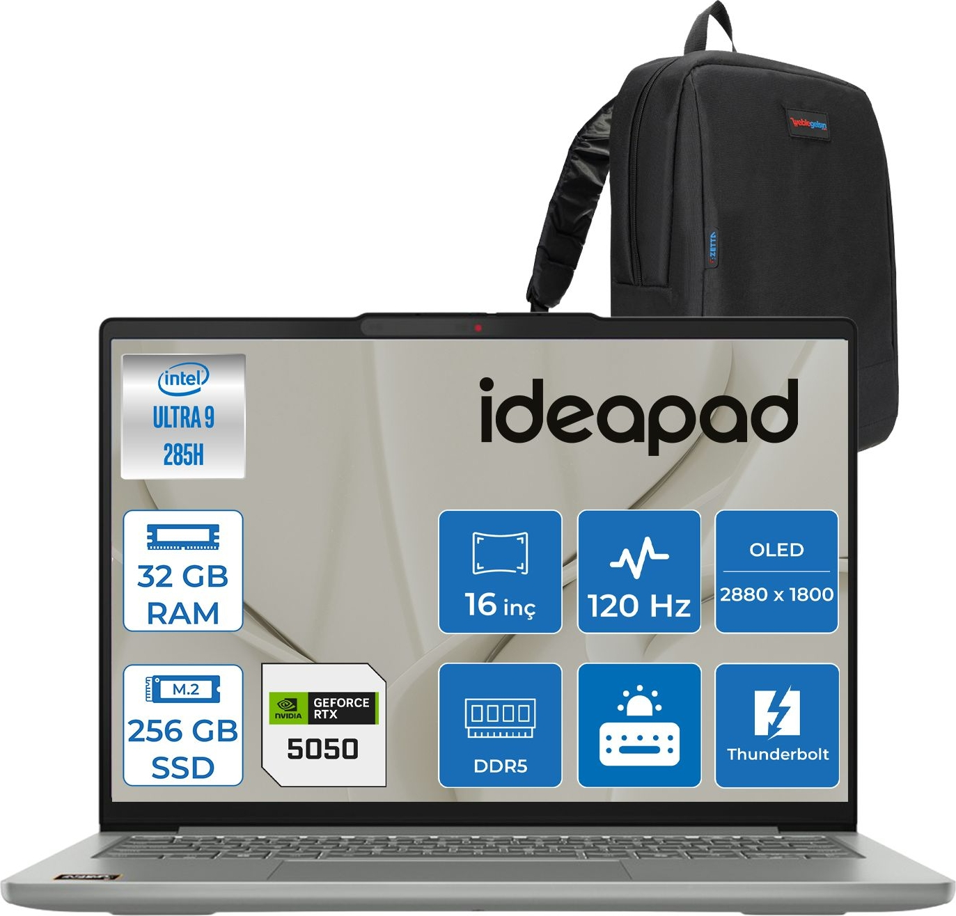 Intel Ultra 9, 32GB RAM, 256GB SSD, RTX 5050'li dizüstü bilgisayar ve sırt çantası.