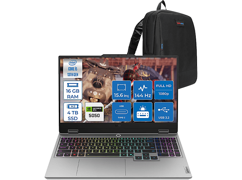 LENOVO LOQ DDR5 8GB RTX5050 100W IPS 83JE00JLTRF04 Intel Core i5-13450HX 16 GB RAM 4 TB SSD 15,6 inç FreeDOS Laptop+Çanta Gri