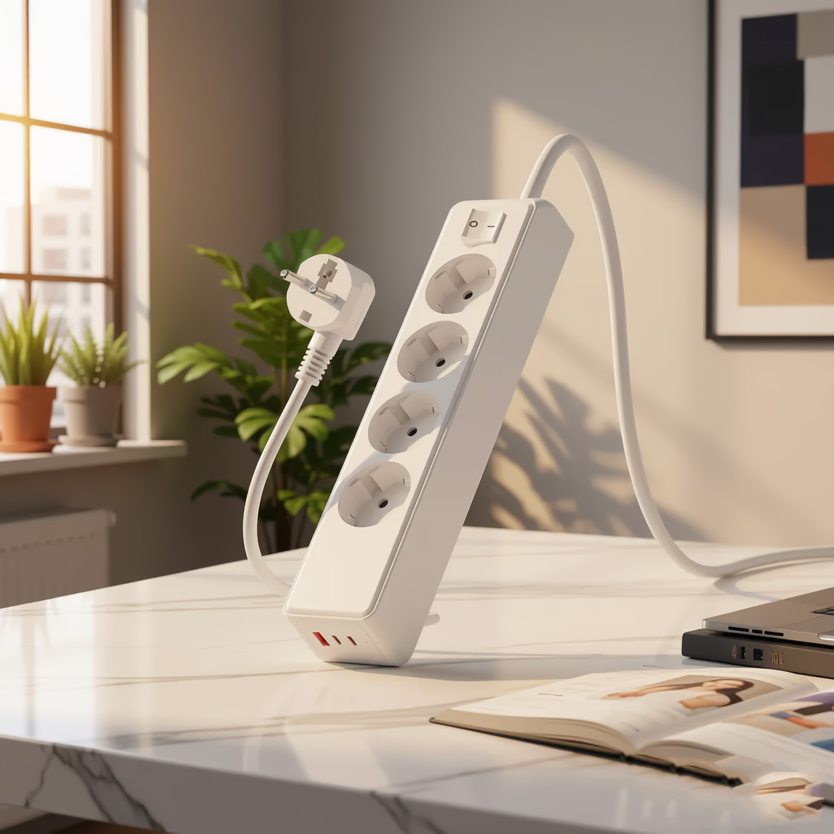 Regleta blanca con cuatro enchufes, enchufe e interruptor.