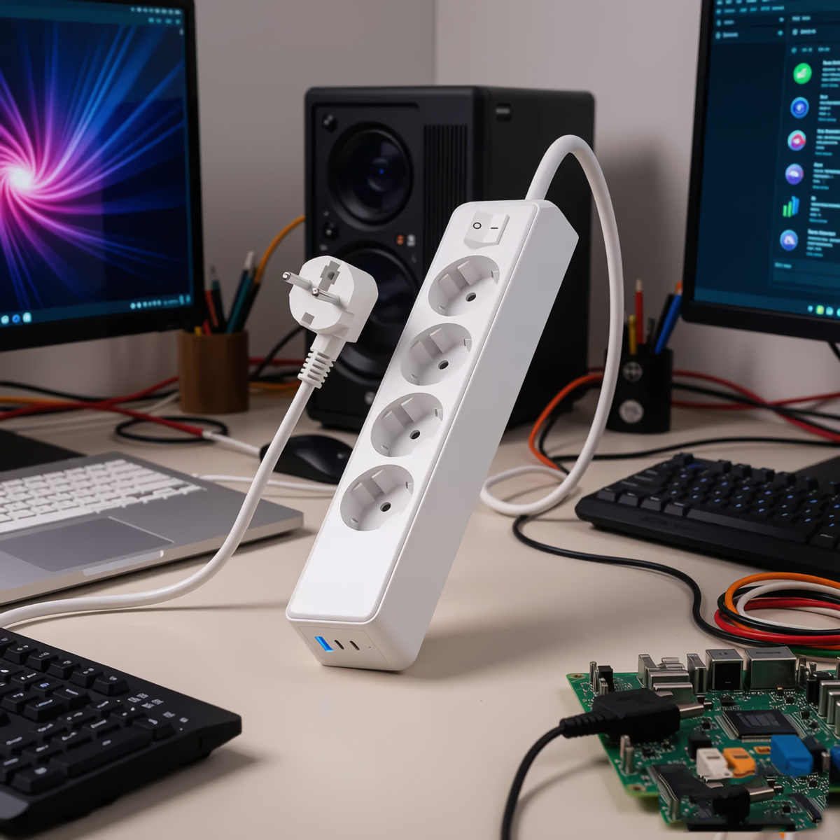 Regleta blanca con cuatro enchufes, conectada a cables.