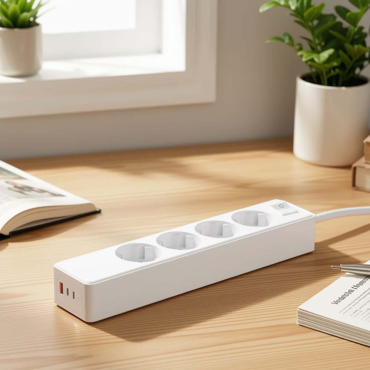 Una regleta blanca con cuatro enchufes y puertos USB se encuentra sobre un escritorio de madera.