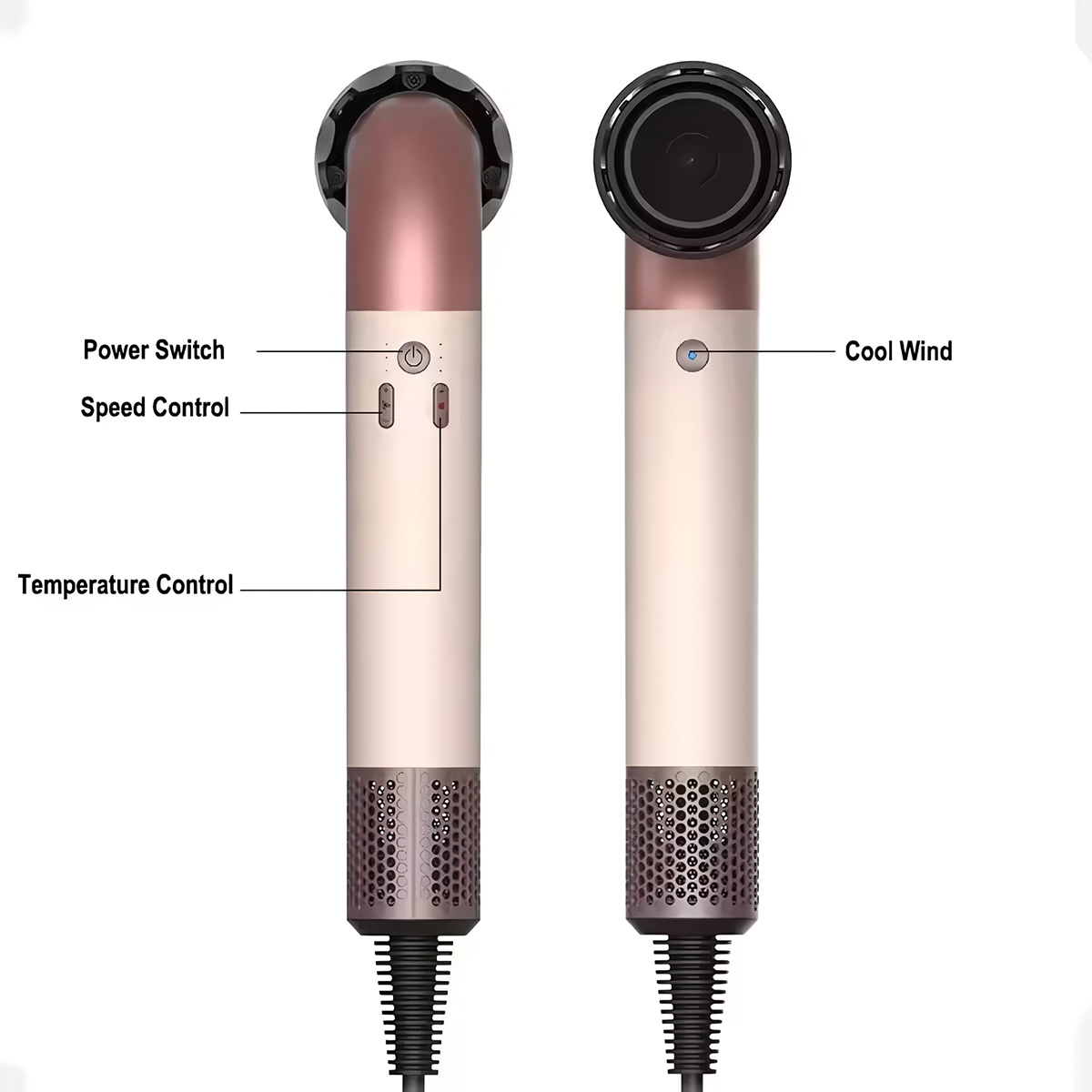 Dos secadores de pelo idénticos oro rosa y crema. Controles etiquetados: Encendido, Velocidad, Temp, Aire Frío.