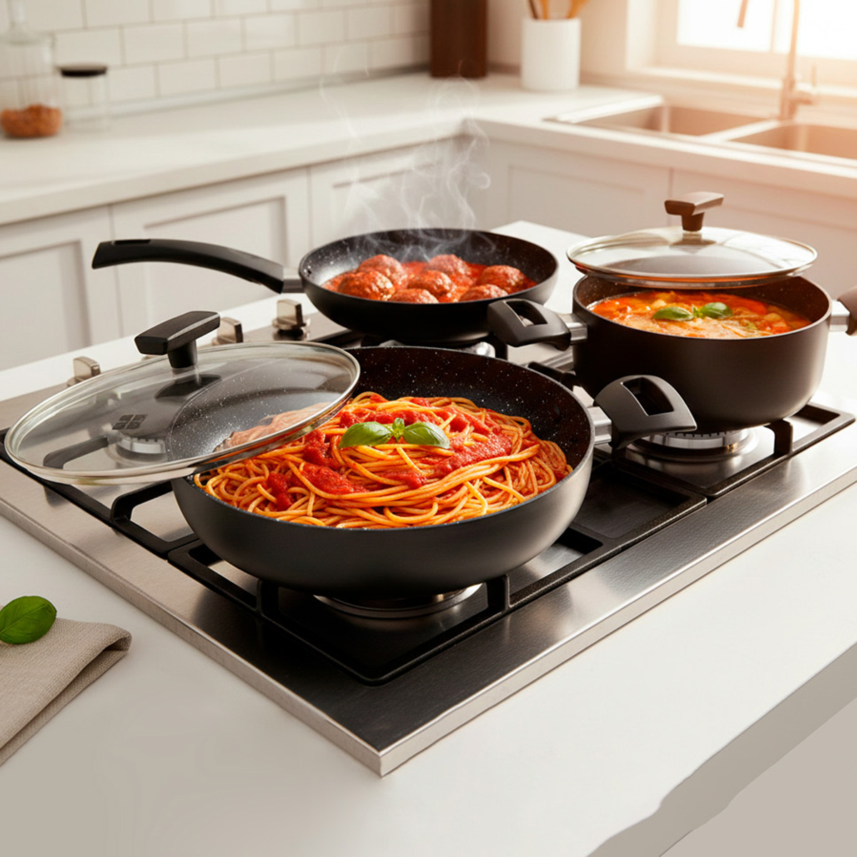 Espaguetis con salsa de tomate, albóndigas y estofado se cocinan en una estufa de gas.