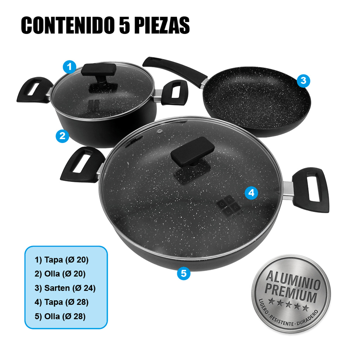Set de cocina con ollas y sartén, numerado 1-5. Aluminio Premium.