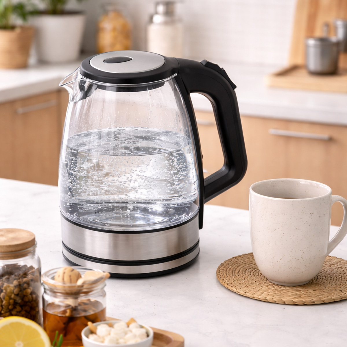 Tetera de cristal hirviendo agua junto a una taza y tarros de ingredientes.