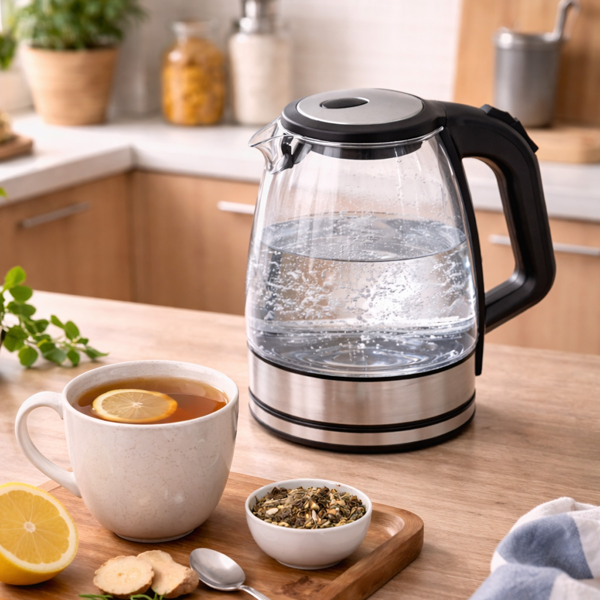 Una tetera de cristal con agua y una taza de té con limón.