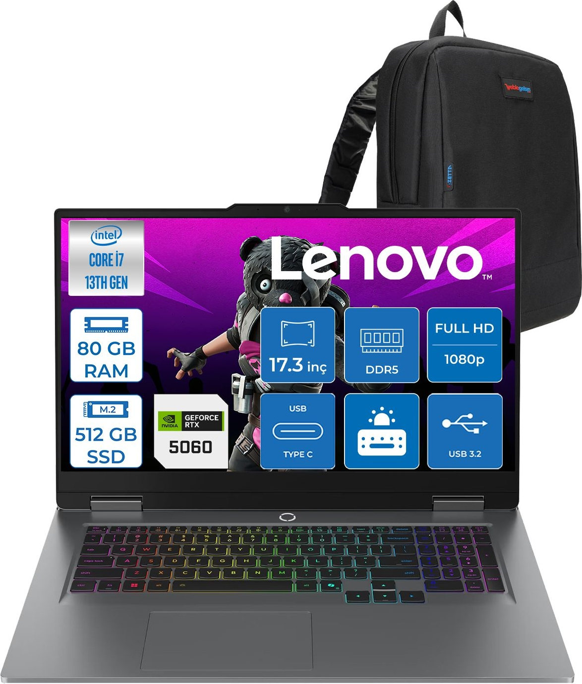 LENOVO LOQ 17IRX10 RTX5060 8GB FHD 165HZ W83JH009UTRF37 Intel Core i7-13700HX 80 GB RAM 512 GB SSD 17,3 inç FreeDOS Laptop+Çanta Gri